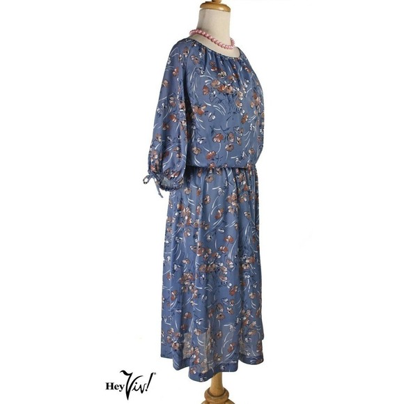 Vintage Dress Blue Floral w Easy Fit Blouson Top Full Sleeves Size 14 - Hey Viv - Picture 1 of 5